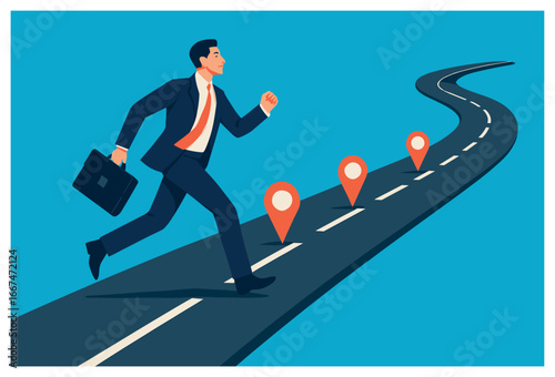 Path to success vector: businessman journey with roadmap, growth strategy, career progress