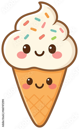 Ice cream vector: cute kawaii cone with smiling character and sprinkles for summer fun