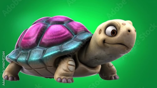 Animated Turtle Character Posing on Green Screen for Compositing
