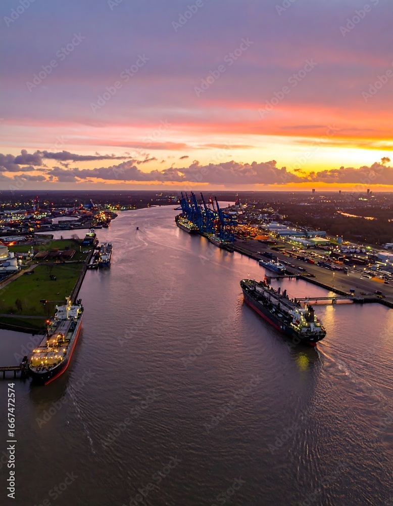 Naklejka premium Aerial view of cargo port at sunset
