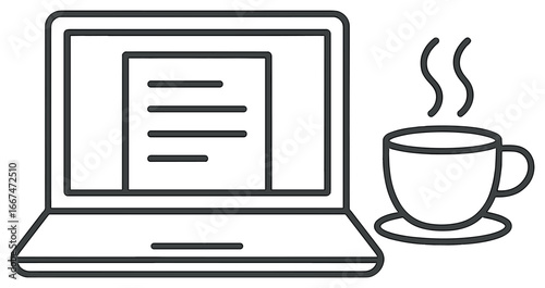 Minimal workspace concept vector: sleek desk design with laptop and coffee cup icon