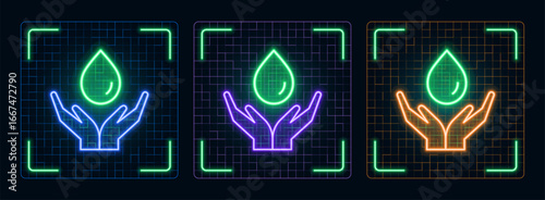 Preserve water icon illustration, ecology green environment vector symbol collection, cyber neon visual, glowing borders frames.