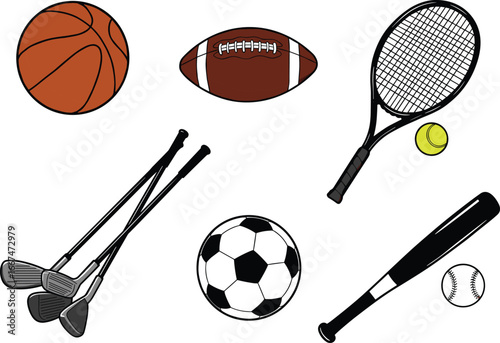 Sports equipment collection, basketball football soccer tennis baseball golf vector, athletic gear illustration, training tools design, outdoor sports icons set