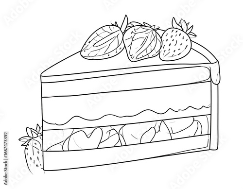 Black and white line drawing of a cake slice with strawberries