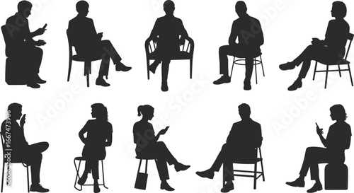 Silhouettes of people sitting on chairs, using smartphones, casual posture, diverse group, isolated black figures, digital communication, modern lifestyle, technology, social interaction.