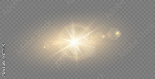 Vector realistic light . Sun with rays and glare . Sunlight or dawn on transparent background. Golden light.