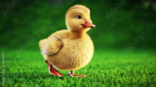 Duckling Walking on Green Grass in Slow Motion