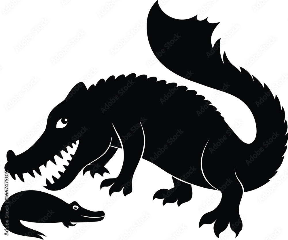 Fototapeta premium Black silhouette of a large crocodile and a small crocodile with white background alligator reptile