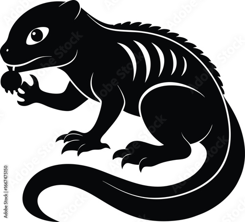Black Silhouette of a Lizard Nibbling on a Round Fruit reptile black and white