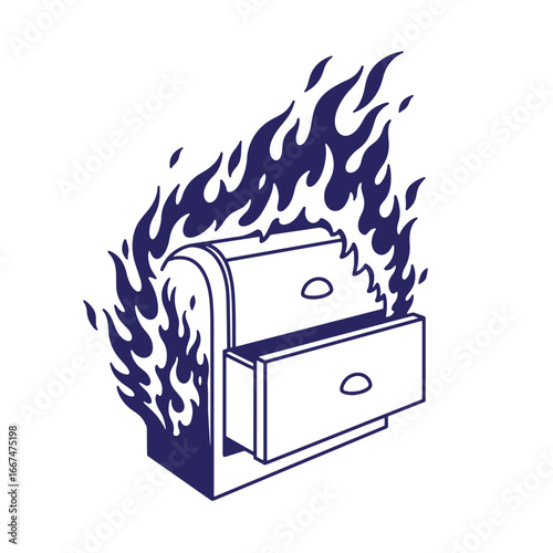 A vector illustration of a burning filing cabinet symbolizing data loss disaster
