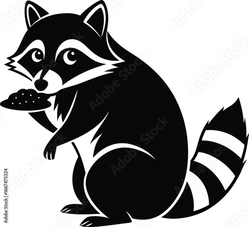 Black silhouette of a raccoon holding a bowl of food on a white background animal wildlife
