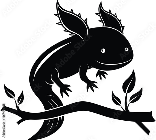Black silhouette of a smiling axolotl perched on a branch with leaves on a white background salamander