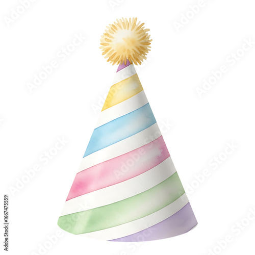 Festive birthday party hat with colorful stripes and pom-pom celebration accessory