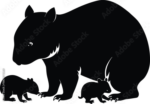 Black Silhouette of a Wombat with Two Baby Wombats on White Background marsupial animal