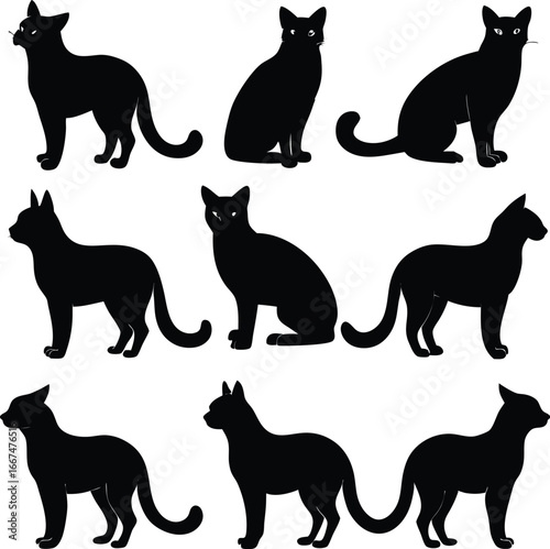 Collection of Black Cat Silhouettes in Various Poses on White Background animal feline