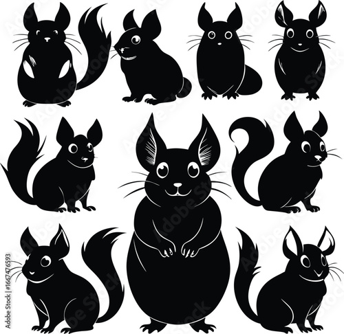 Collection of Black Silhouette Chinchillas in Various Poses on White Background rodent animal