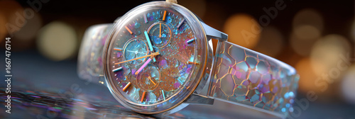Colorful watch with transparent strap and glowing dial