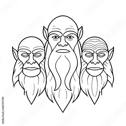 Clean outline drawing of a council of ancient Ents minimalistic design for coloring page