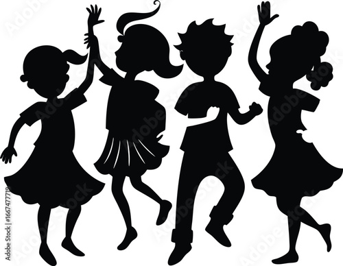 Four children silhouettes in dynamic poses dancing and celebrating on white background kids group
