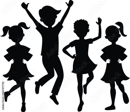 Four children silhouettes in joyful dancing and jumping poses on white kids group