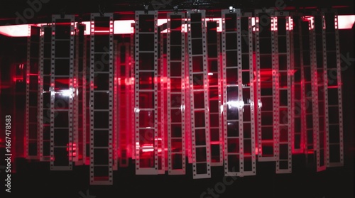 Hanging Film Strips Illuminated by Red Light in Dark Room.