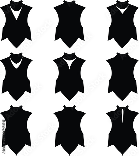 Nine Black Silhouette Vests and Bodices with Varied Necklines waistcoat clothing