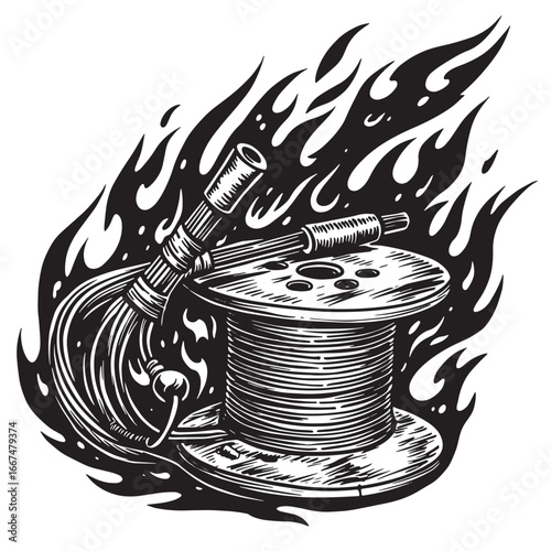 Black and white illustration of a cable spool in flames with a linocut style