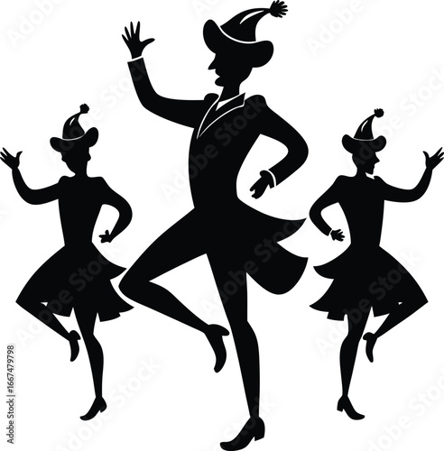 Silhouettes of three dancers in formal attire and hats performing a choreographed routine dancing formal wear