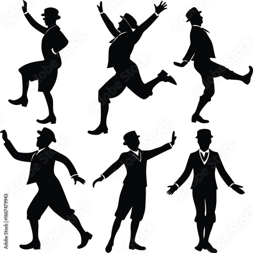 Six men in silhouette wearing hats and suits dancing on a white background male group