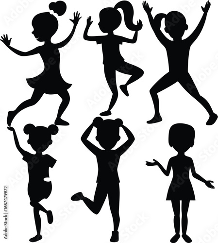 Six children silhouettes in various playful dancing poses on white background kids group