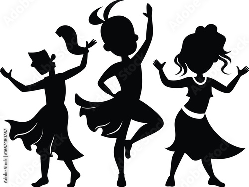 Three dancers silhouettes in dynamic poses on white background dancing group