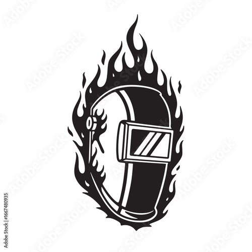 Black and white welding helmet surrounded by flames illustrative artistic vector graphic