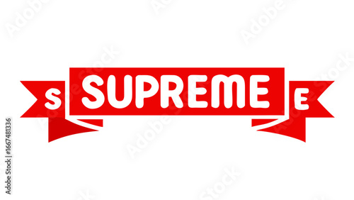 Bold red banner with the word supreme in black lettering and a simple graphic design on a black background
