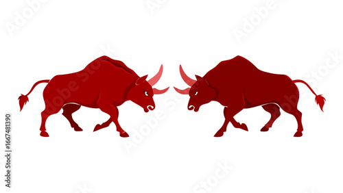 Two powerful red bulls facing each other in a confrontational stance ready to charge on a stark black background representing a fierce competition or aggressive market