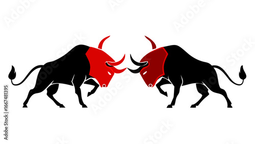 Two stylized red bulls facing each other with horns locked in a symbolic confrontation against a stark black background representing power and conflict