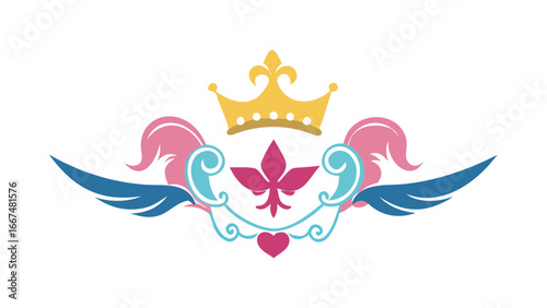Elegant emblematic design featuring a golden crown pink feathers blue wings a pink fleur de lis and a heart on a black background