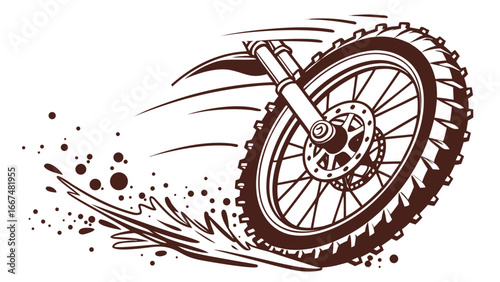 Dynamic illustration of a dirt bike wheel kicking up mud and dust with speed lines indicating motion and energy