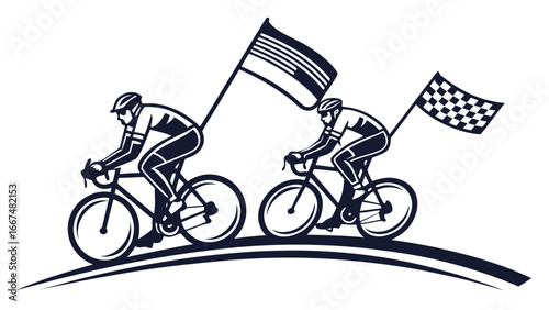 Two cyclists racing towards the finish line carrying flags representing victory and national pride in a stylized graphic