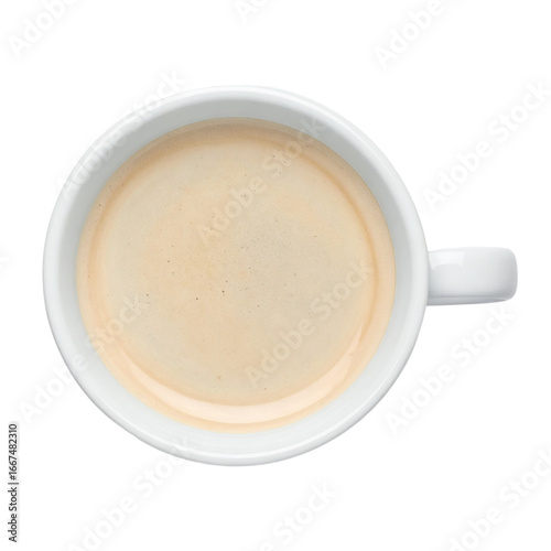 Cup of coffee with milk foam top view isolated on white
