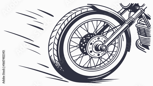 Close up of a vintage motorcycle wheel in motion with speed lines indicating fast movement and a classic retro design