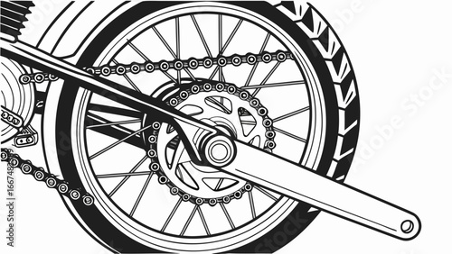 Detailed black and white illustration of a motorcycle rear wheel showing the tire spokes chain sprocket and crank arm assembly
