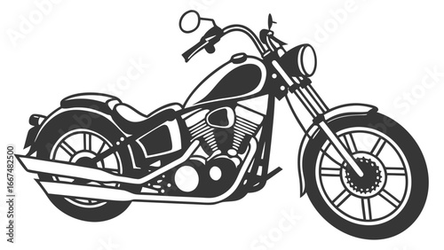 Classic american chopper motorcycle silhouette with detailed engine and chrome accents on a white background