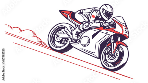 Dynamic illustration of a professional motorcycle racer in full gear leaning into a sharp turn on a sleek sportbike leaving a trail of stylized smoke and motion lines