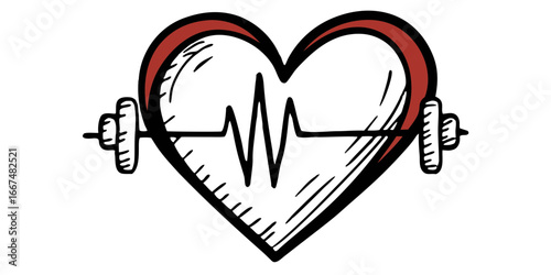 Heart with heartbeat line and barbell illustrating cardiovascular health and fitness concept design idea