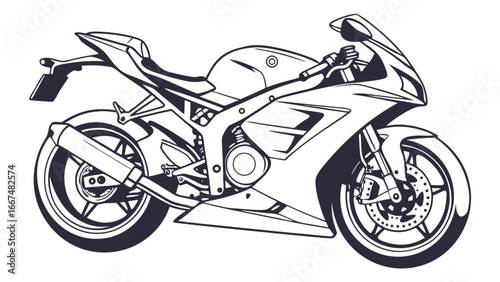 A sleek modern sport motorcycle rendered in a clean graphic black and white line art style showcasing its aerodynamic design and powerful engine