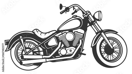 Classic american v twin engine cruiser motorcycle with chrome accents and a black and white graphic style