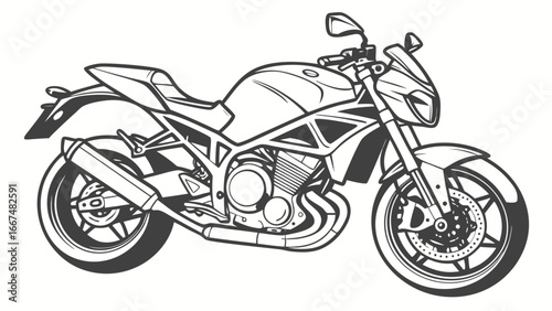 Detailed black and white line art illustration of a modern sport motorcycle viewed from the side isolated on a white background