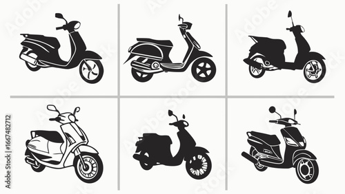 Collection of six diverse scooter silhouettes showcasing various styles and designs in a clean graphic illustration format