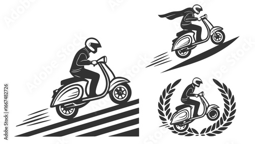 Dynamic scooter rider silhouettes featuring speed lines a cape and a laurel wreath emblem for a bold and energetic design