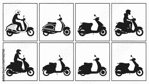 Collection of eight black silhouette illustrations of scooters and riders in various poses and styles on a white background